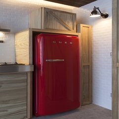 Apartment Detail Red Fridge With Wooden Cabinet Frame Creative - Karbonix