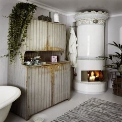 Bathroom Rustic Wooden Cabinet Besides Fireplace In Comfortable - Karbonix