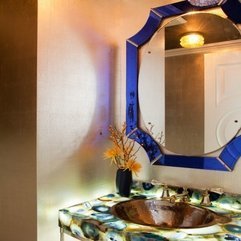 Bathroom With Blue Framed Mirror Dazzling - Karbonix