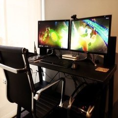 Black Computer Chair With Aluminum Frame Two Flat Monitors Looks Elegant - Karbonix