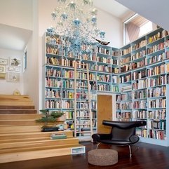 Blue Bookshelf Near Wooden Stairs Black Chair White And - Karbonix