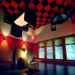 Box Pattern Ceiling Together With Inverted Style Furnitures Red Black - Karbonix