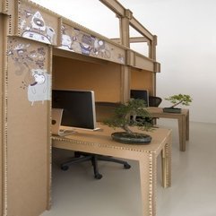 Cardboard Office Table Bulkhead With Imac Computer Green Bonsai Plant Seems Exciting - Karbonix
