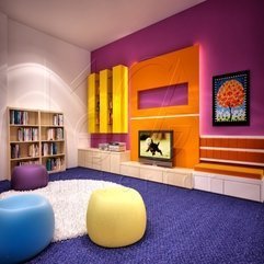 Colorful Library Interior Multimedia Room Wth Round Seat And Rug - Karbonix