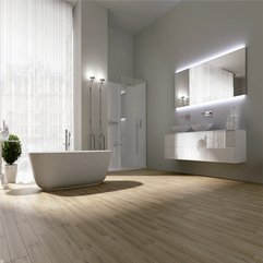 Contemporary White Bathroom With Wooden Floor Elegant Minimalist - Karbonix