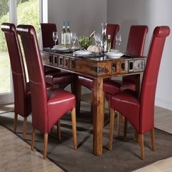 Dining Room With Glossy Red High Backrest Chairs Antique Wooden Table In Modern Style - Karbonix