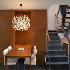 Dining Room With White Chairs Wooden Table Under Unique Chandelier In Modern Style - Karbonix