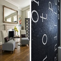 Front Of Fireplace With White Writing Accents Black Wall Tiles White Chairs - Karbonix