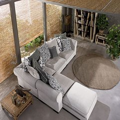 Gray L Sofa With Chic Round Rug Exotic Bamboo Curtain Wall Seems Exciting - Karbonix