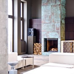 Green Stone Fireplace With Wooden Rack Vintage Loudspeaker In Modern Style - Karbonix