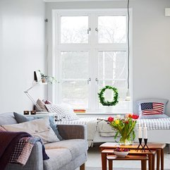 Grey Sofa Brown Table White Bed Swedish Apartment - Karbonix