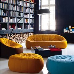 Living Room Home Library With Unique Sofas In Beautiful Colors Shapes In Modern Style - Karbonix