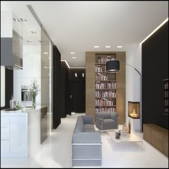Living Room In White With Wooden Book Shelf Looks Elegant - Karbonix
