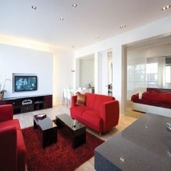 Living Room View In Stunning Red And White Apartment Interior - Karbonix