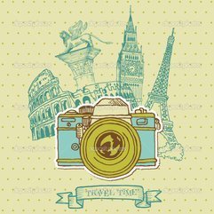 Lovely Card Vintage Camera With Europe Architecture In Vector - Karbonix