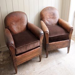 Pair Of Leather Club Chairs French With Newly Made Velvet Seat Very Smart - Karbonix