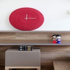 Red Clock On Wooden Shelf Above Cute Ornament Grey Table Looks Fancy - Karbonix