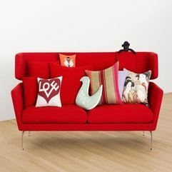 Red Colored Sofa With Colorful Pillows In Various Patterns Shapes In Modern Style - Karbonix