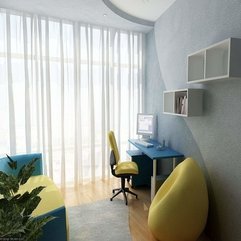 Room With Blue Desk Yellow Chair And White Bookshelves Minimalist Study - Karbonix