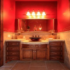 Small Transitional Powder Room Design With Strong Red Wall And - Karbonix
