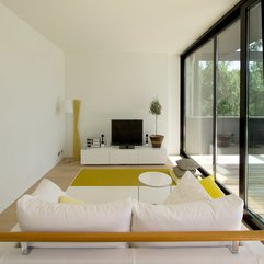 Best Inspirations : Table Placed Yellow Carpet Front Of Screen Flat Tv White Sofa - Karbonix
