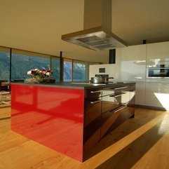 Table With Grey Surface Completed With Beautiful Flowers On It Red Kitchen - Karbonix