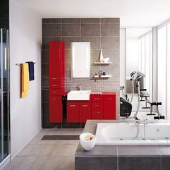 White Bathroom With Exercise Equipment And Red Accents Modern Style - Karbonix