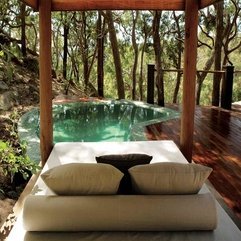 White Bed Lounge With Floor Wooden Deck With Natural Pool Sight Exotic Idea - Karbonix