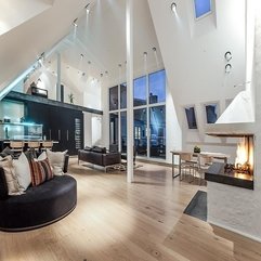 Best Inspirations : White Penthouse Space In Front Of Black Couch With Striped White Cushions Fireplace - Karbonix