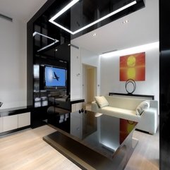 White Sofa And Modern Black Ceiling Living Room - Karbonix