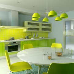 Yellow Chandelier With White Round Dining Table Green Kitchen Cabinet In Green - Karbonix